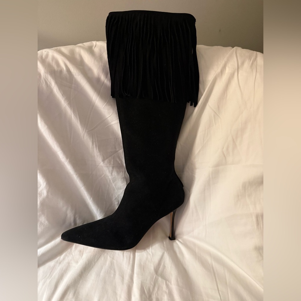 Authentic Manolo Blahnik vintage black suede fringe trim knee high boots size 40